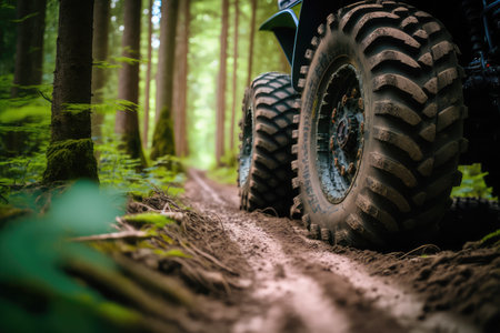 close-up of the wheel and tracks of an atv through forest, created with generative aiの素材