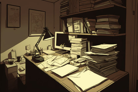 basement office, with piles of paperwork and pens on the desk, created with generative aiの素材