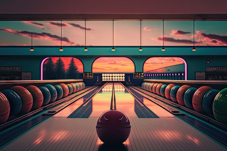 bowling alley, with colorful lanes and balls on display, during sunset, created with generative aiの素材