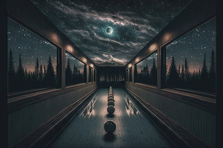 bowling alley, with a view of the night sky, and stars visible above, created with generative aiの素材