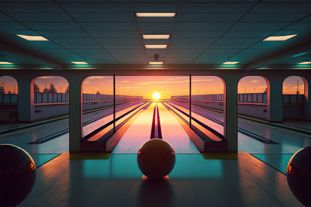 bowling alley, with view of the sunset and clear sky, giving a warm and peaceful feeling, created with generative aiの素材