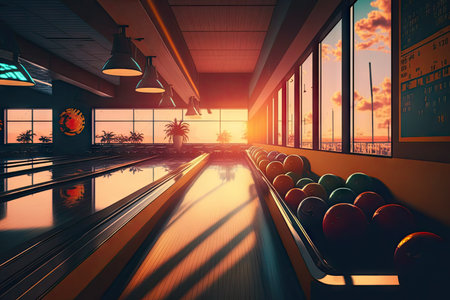bowling alley, with view of the sunset and clear sky, giving a warm and peaceful feeling, created with generative aiの素材