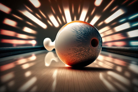 close-up of a bowling ball rolling down the lane, ready to strike, created with generative aiの素材