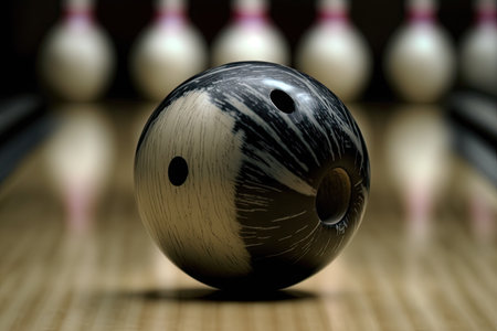 close-up of bowling ball with finger holes visible as it rolls down the lane, created with generative aiの素材