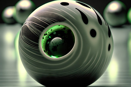 close-up of bowling ball with finger holes visible as it rolls down the lane, created with generative aiの素材
