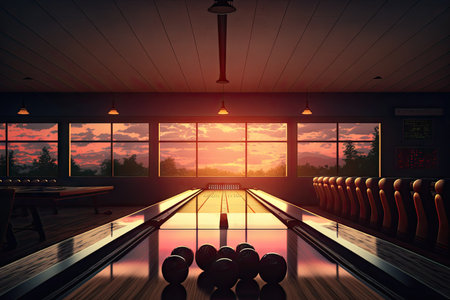 bowling alley, with view of the sunset in the distance, created with generative aiの素材