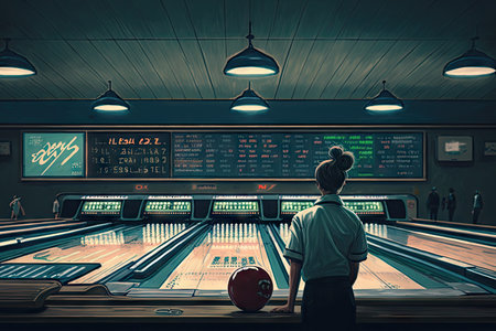 person, bowling alley, with view of the scoreboard and pins, created with generative aiの素材