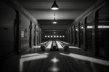 bowling alley, with dark tones and moody lighting, for noir movie scene, created with generative aiの素材