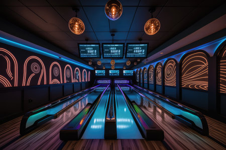 modern bowling alley with sleek design and technology, including interactive screens for players to track their scores, created with generative aiの素材