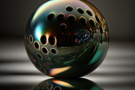 close-up of bowling ball, with its shiny surface and finger holes in focus, created with generative aiの素材