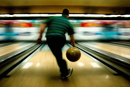 person, bowling game, with ball and pins in motion on lane, created with generative aiの素材