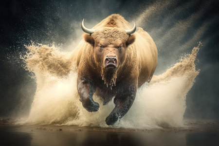 bull, charging at bear, ready to attack, created with generative aiの素材