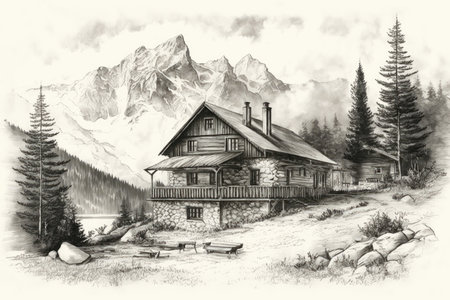 chalet with a view of the distant mountain range, pencil sketch illustration, created with generative aiの素材