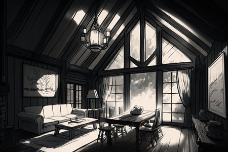 sketch of a dark and moody chalet interior with dramatic lighting and shadows, created with generative aiの素材