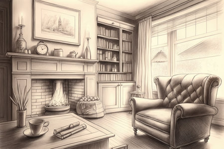 detailed pencil drawing of cozy living room, with plush armchair, bookcase and fireplace, created with generative aiの素材