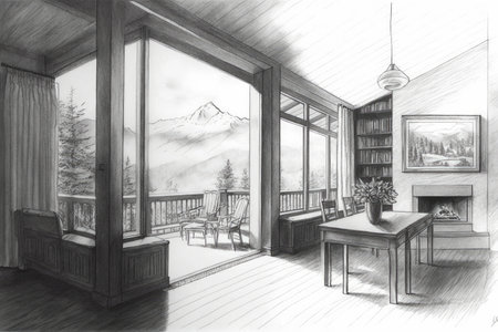 chalet interior with mountain view, pencil sketch on paper, created with generative aiの素材