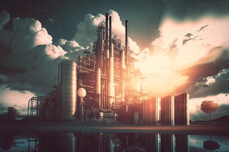 chemical plant, with sun shining through clouds, double exposure, created with generative aiの素材