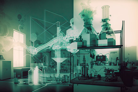 double exposure of laboratory equipment and chemical products, with view of testing room in the background, created with generative aiの素材