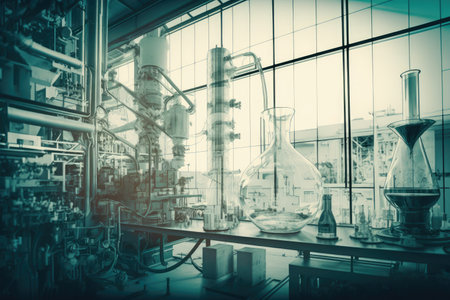 double exposure of laboratory equipment and chemical products, with view of testing room in the background, created with generative aiの素材