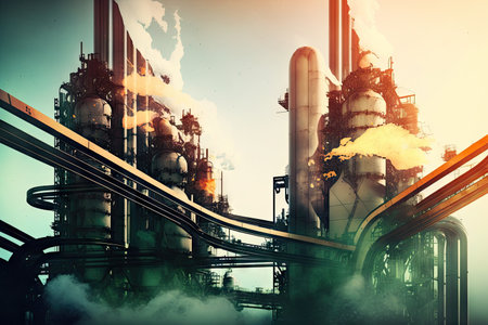 double exposure of industrial chemical plant with conveyor belts and pipes in motion, created with generative aiの素材