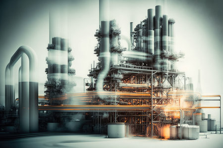 double exposure of industrial chemical plant with conveyor belts and pipes in motion, created with generative aiの素材