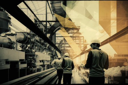 double exposure of factory hall, with conveyor belt and workers, and chemical formulas on the wall, created with generative aiの素材