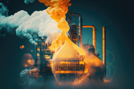 chemical industry double exposure of complex chemical process with smoke and fire, created with generative aiの素材