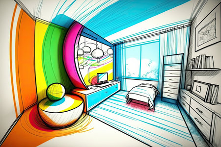 abstract child room pencil sketch with bold lines and vibrant colors, created with generative aiの素材
