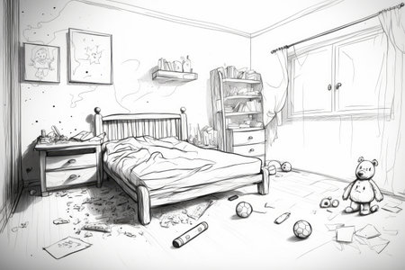 child room with messy bed and scattered toys, pencil sketch style, created with generative aiの素材
