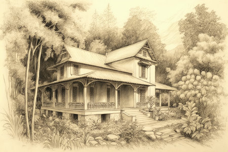 classic house, surrounded by lush greenery, in pencil sketch, created with generative aiの素材