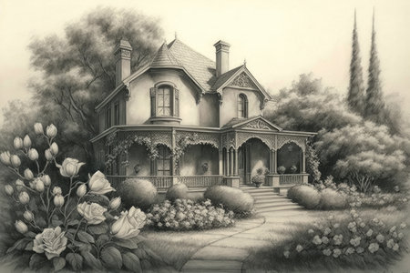 classic house surrounded by garden of roses and lilies, pencil sketch for romantic, vintage look, created with generative aiの素材