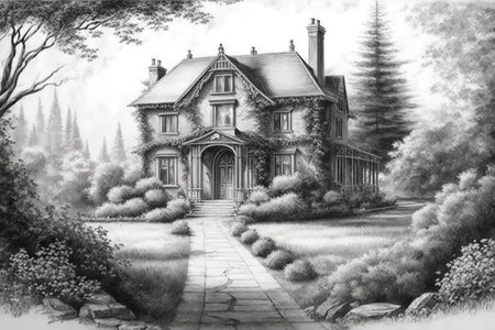 classic house surrounded by lush greenery, with a pencil-drawn path leading to the front door, created with generative aiの素材