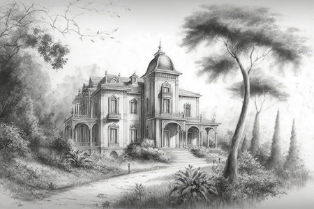 classic house, surrounded by lush greenery, in pencil sketch, created with generative aiの素材