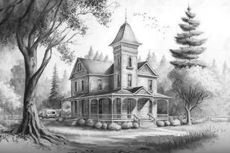 classic house surrounded by towering trees in pencil sketch illustration, created with generative aiの素材