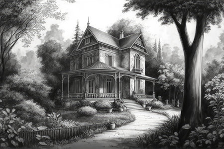 an intricately pencil-sketched classic house surrounded by lush greenery, created with generative aiの素材