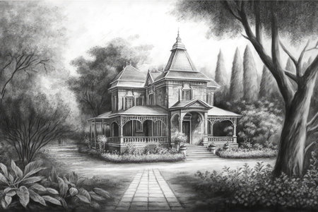 classic house, surrounded by lush green garden, in pencil sketch, created with generative aiの素材
