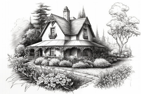 classic house surrounded by lush greenery and blooming flowers in garden pencil sketch, created with generative aiの素材