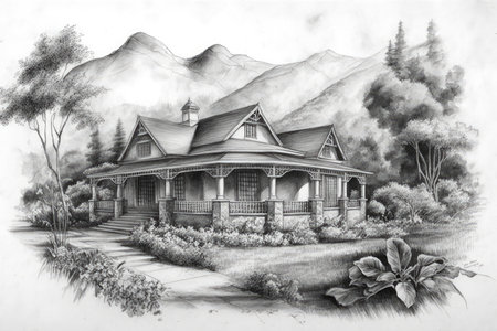 pencil sketch of classic house surrounded by lush greenery, with mountains in the background, created with generative aiの素材