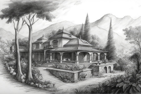 pencil sketch of classic house surrounded by lush greenery, with mountains in the background, created with generative aiの素材
