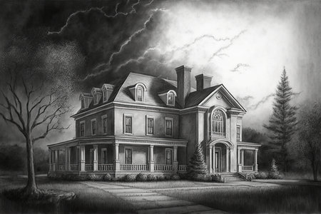classic house with dramatic sky, pencil sketch for fine art or interior design project, created with generative aiの素材