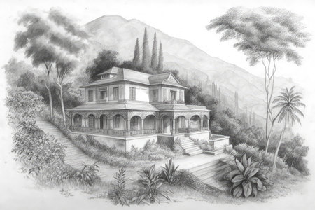 pencil sketch of classic house surrounded by lush greenery, with mountains in the background, created with generative aiの素材