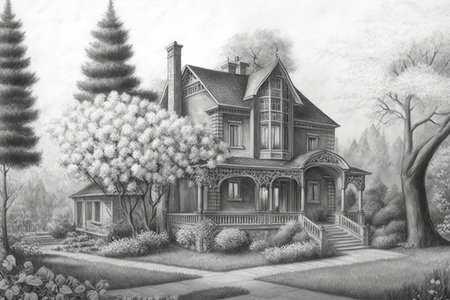 classic house with beautiful garden and blooming flowers, captured in pencil drawing, created with generative aiの素材