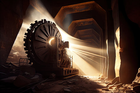 mining equipment in a shadowy shaft, with sunlight streaming through the opening above, created with generative aiの素材