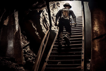 coal miner climbing up ladders while exploring the underground mine, created with generative aiの素材