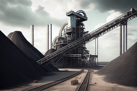 modern coal mine with towering conveyors and massive machines in the background, created with generative aiの素材
