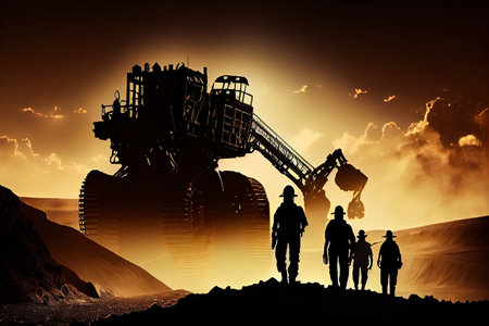 mining operations with silhouettes of workers and equipment against the bright sky, created with generative aiの素材