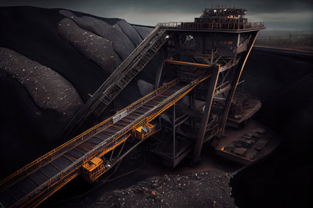 overhead view of coal mine, with conveyor belt transporting raw materials from the depths of the mine, created with generative aiの素材