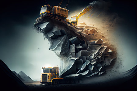 a coal mine, with the equipment and vehicles in motion, creating a double exposure, created with generative aiの素材