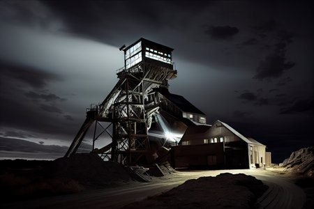 coal mine in the nighttime with its floodlights shining, providing a bright and illuminating view, created with generative aiの素材