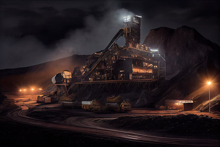 coal mine in the nighttime with its floodlights shining, providing a bright and illuminating view, created with generative aiの素材
